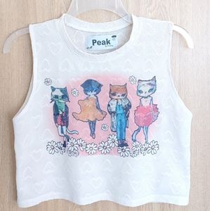 🩷 Cute White Cropped Tank with Cat Graphic